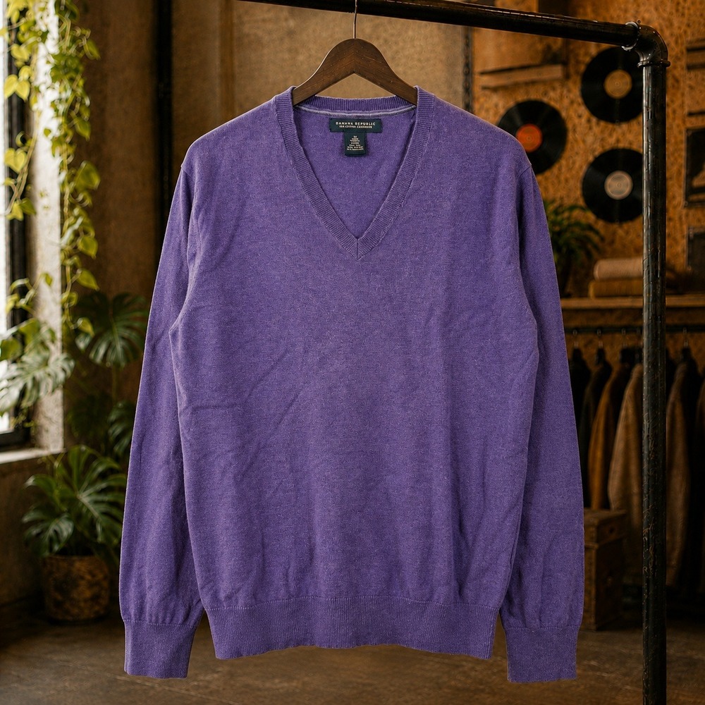 Banana Republic V-Neck Silk Cotton Cashmere Pullover Sweater Purple Mens Medium